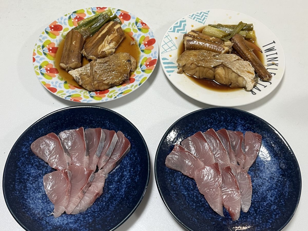 ハマチの刺身とアカヤガラ・仮ヤイトハタの煮付け