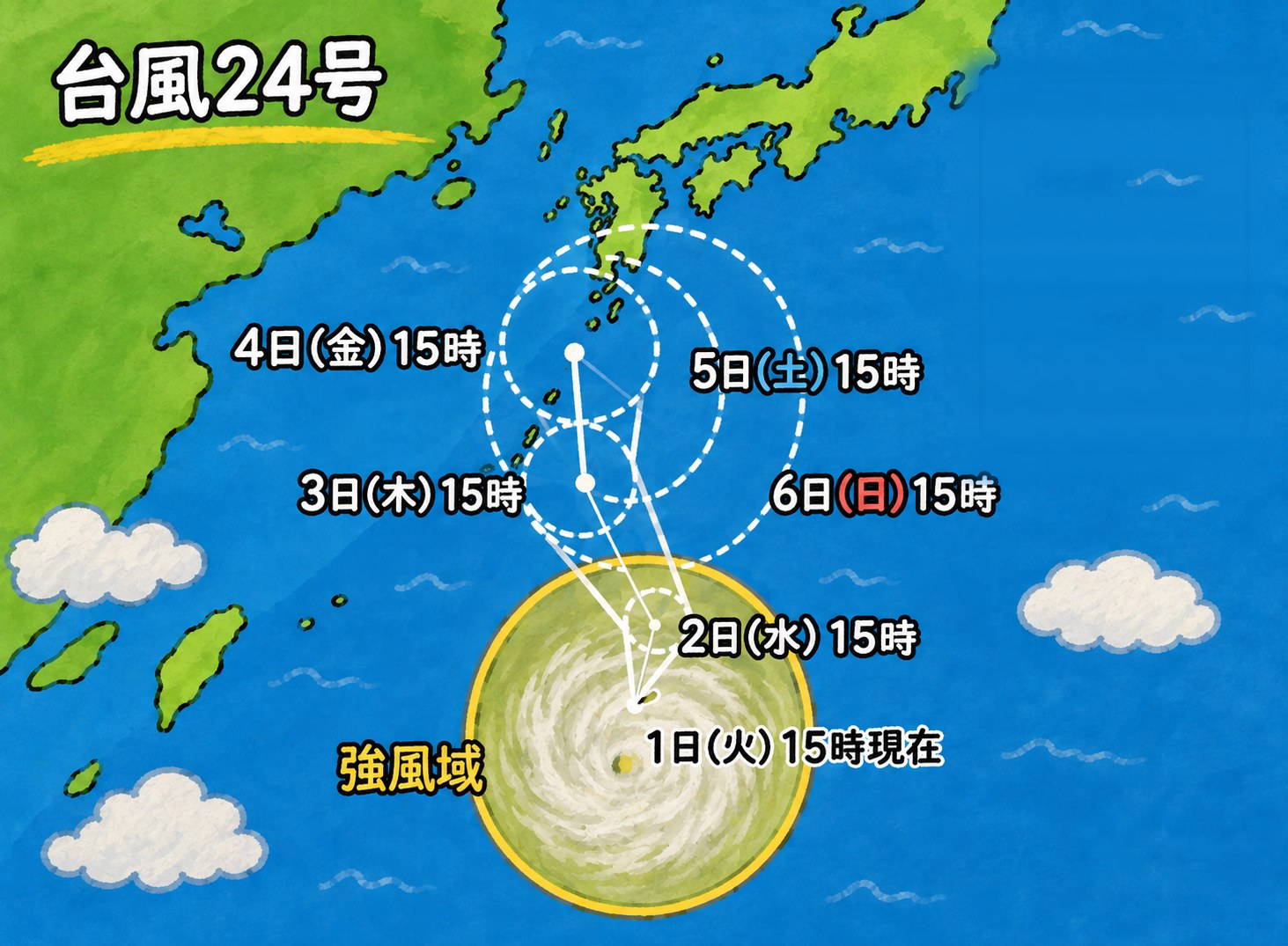 台風24号の進路予想図。日本の南から奄美付近まで北上し、そこから南へ引き返す進路