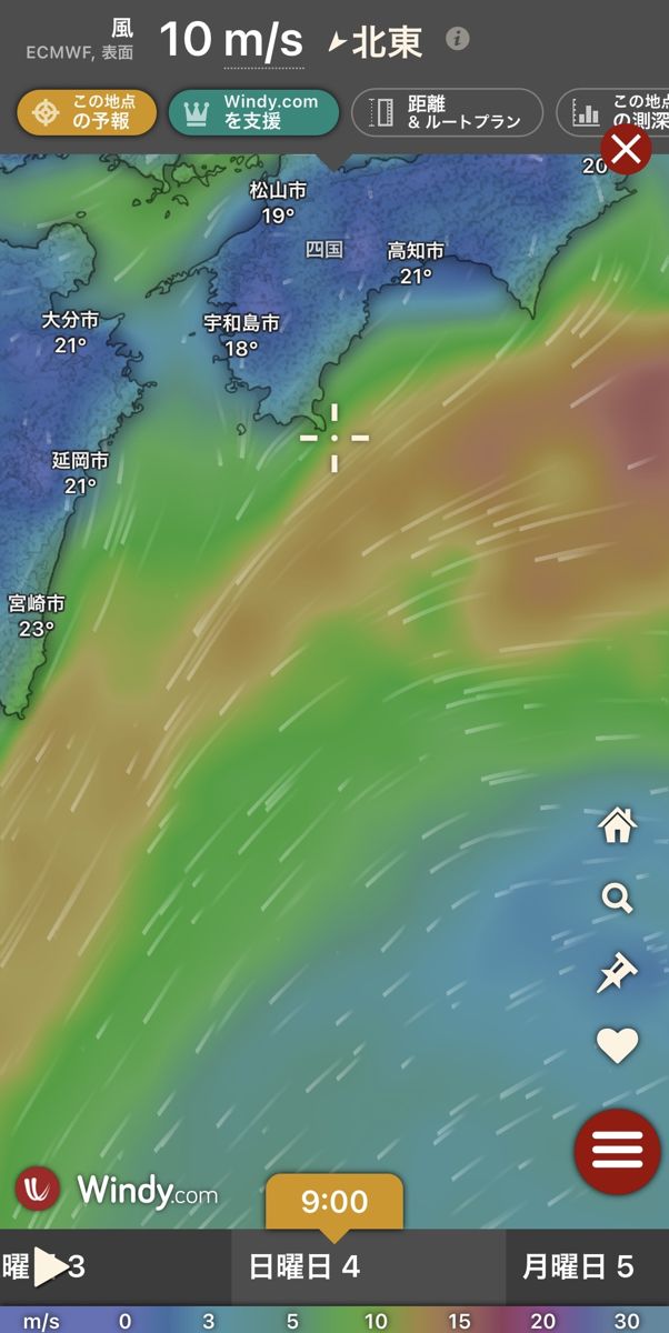 Windyの風予報 足摺沖 10月4日9時 10m/s