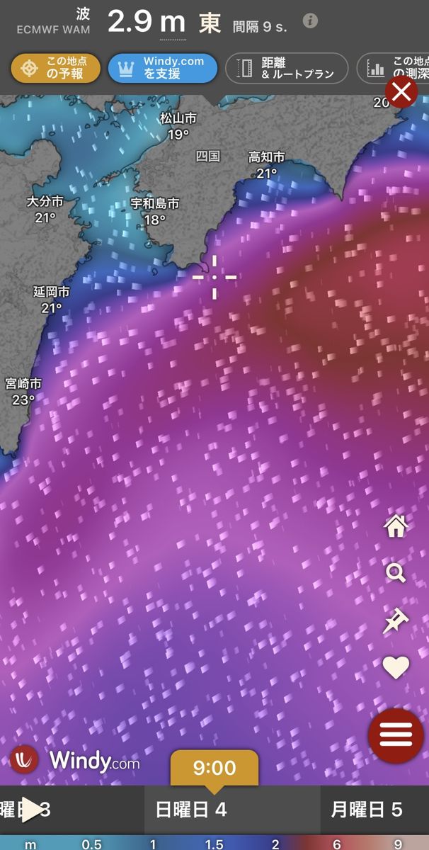 Windyの波予報 足摺沖 10月4日9時 2.9m
